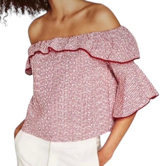 Zara Off Shoulder Red Pin Stripe Poet Sleeve Cropped Top. Size XS - Picture 7 of 7